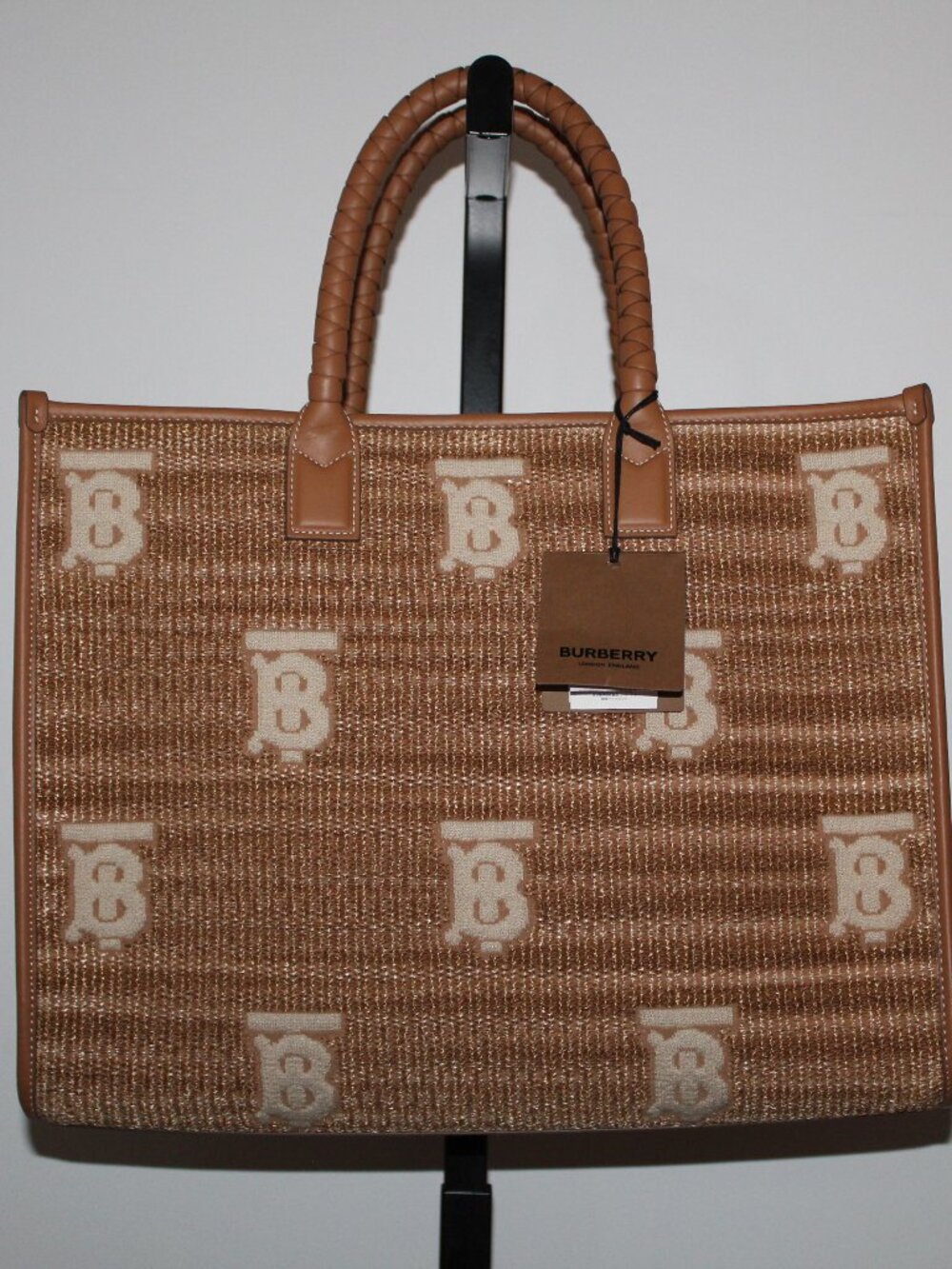 NWT Burberry Freya Raffia Natural Logo Large Tote Shoulder Bag Shopper